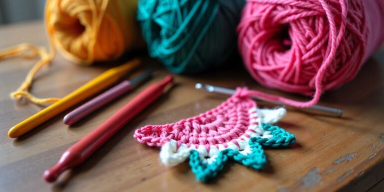 Colorful yarn and crochet hooks on a table.