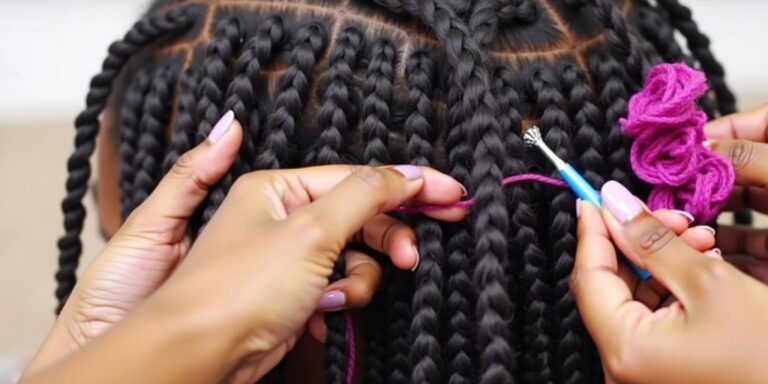 Hands crocheting box braids with a crochet hook.