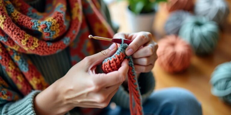 Hands crocheting a colorful scarf quickly.