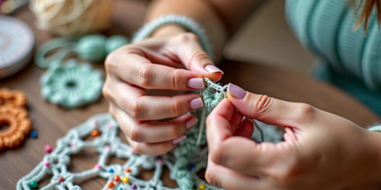 Hands crocheting a beaded necklace