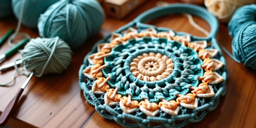 Crochet bag with yarn and hooks