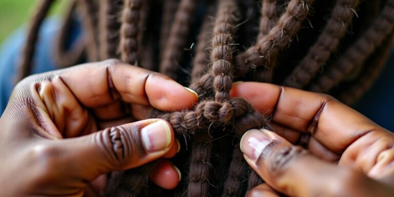 Hands unraveling crochet dreads close-up