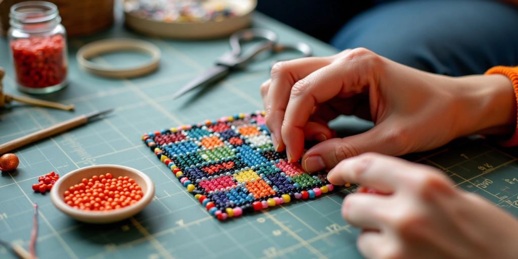 Hands weaving beads in square stitch