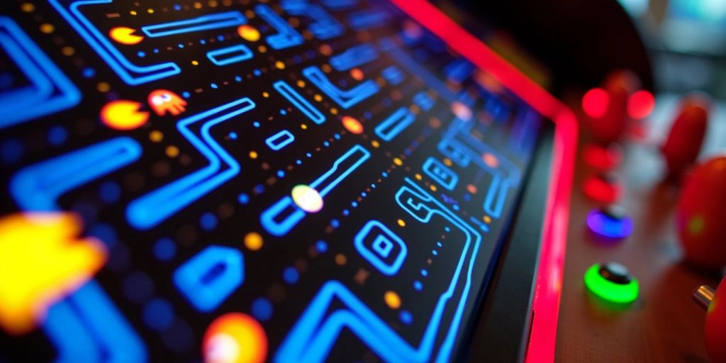 Pacman arcade screen close-up with maze and ghosts