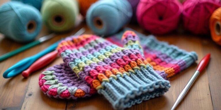 Colorful crocheted mittens with yarn and hooks