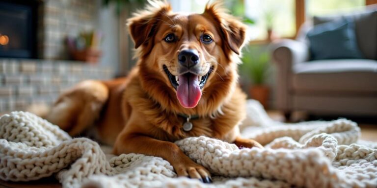 Dog lying on a crochet blanket