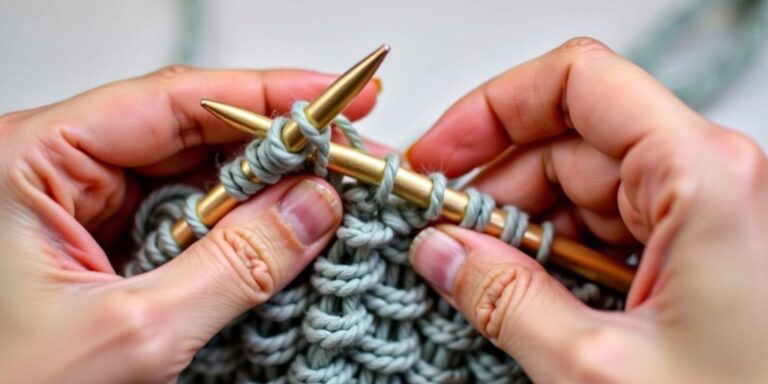 Hands knitting with mesh stitch pattern