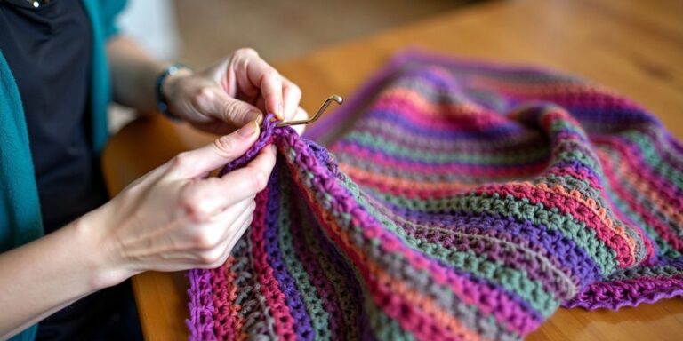 Hands crocheting a colorful triangular shawl.