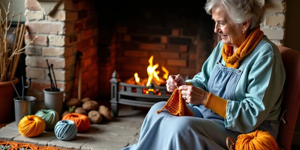 Person crocheting by a fireplace with yarn and pieces.