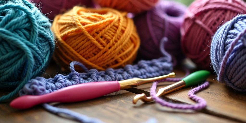 Colorful yarn and crochet hooks on a table.