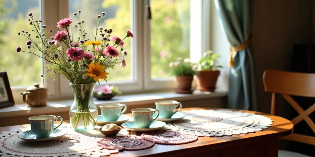 Cozy room with crochet doilies and wildflowers