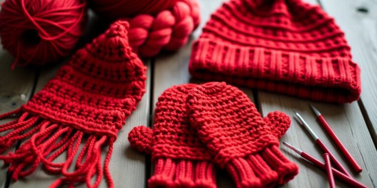 Red crochet scarf, hat, and mittens on a table.