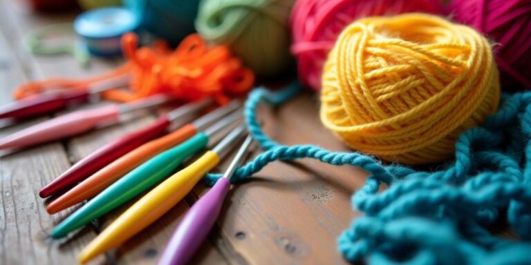 Colorful crochet hooks and yarn balls on a table.
