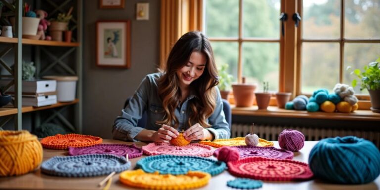 Person crocheting with colorful yarns in a cozy room.