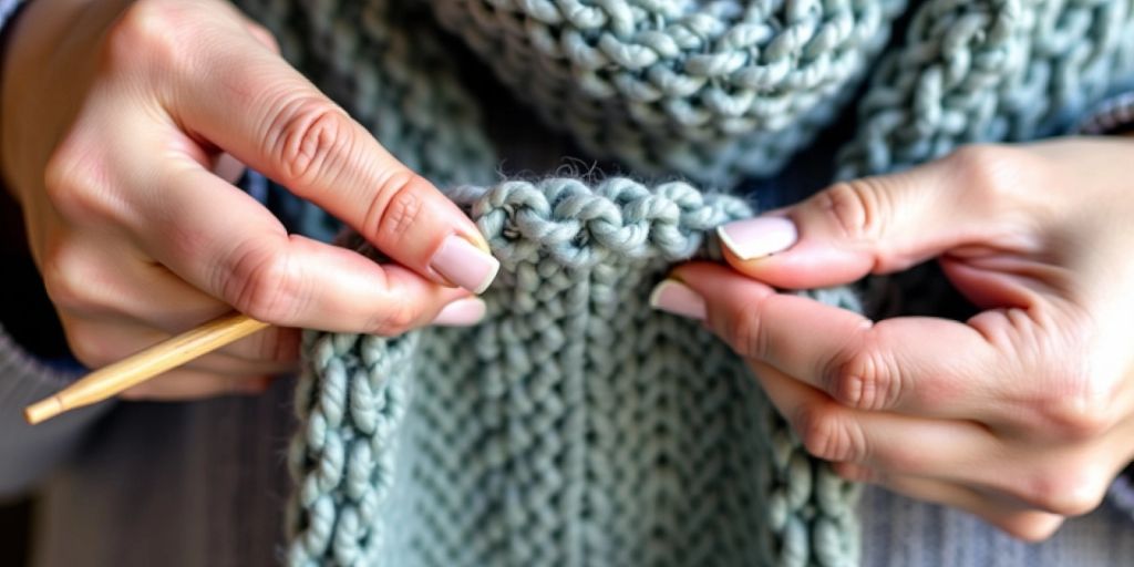 Hands finishing a moss stitch scarf with knitting needles.