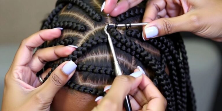 Hands crocheting locs onto cornrows