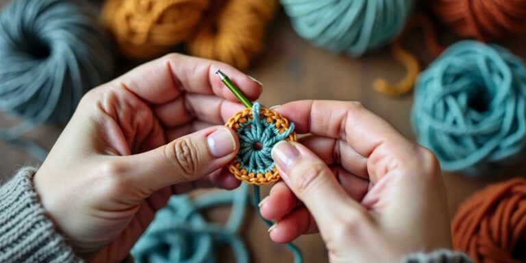 Hands crocheting with yarn and hook