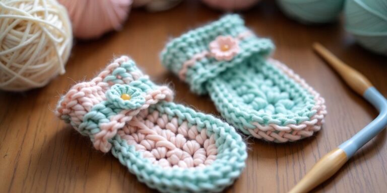 Handmade crochet baby gloves with yarn and hooks.
