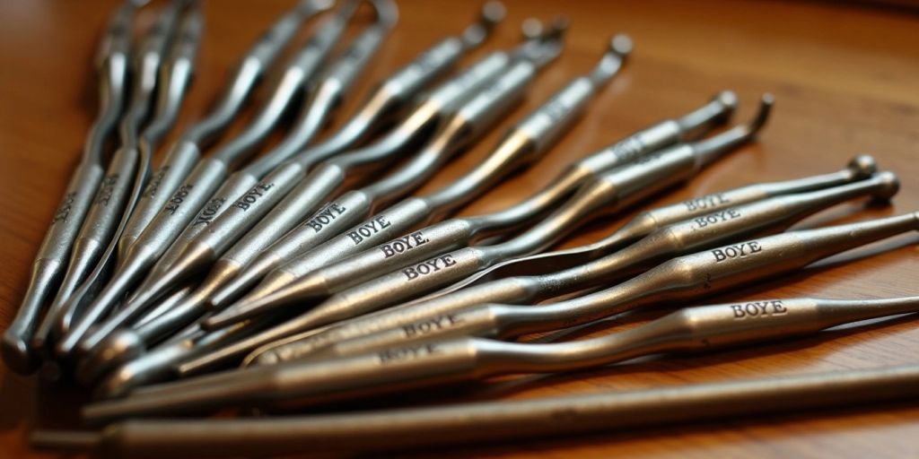 Vintage Boye crochet hooks arranged in a fan shape.