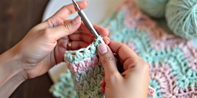 Person crocheting with yarn and hook