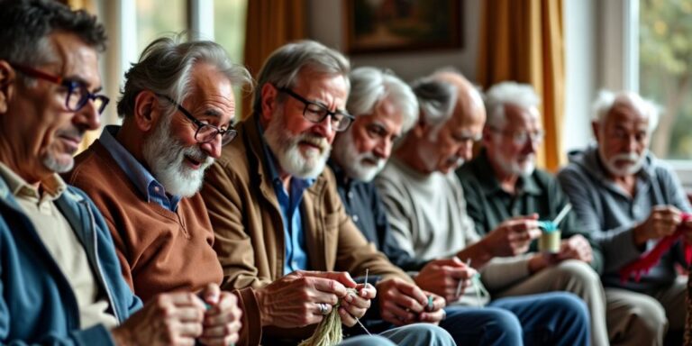 Men of different ages knitting and crocheting