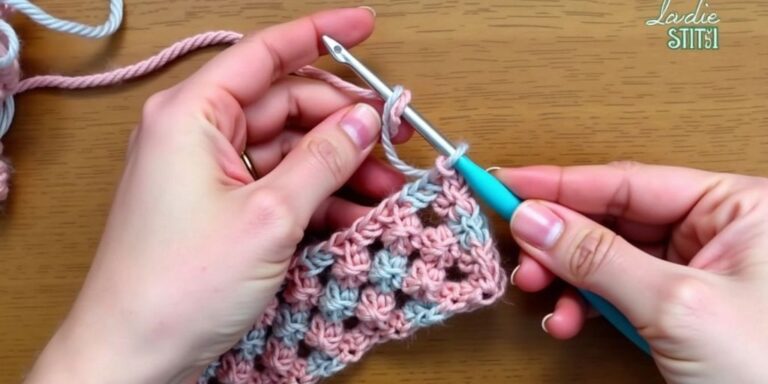 Hands crocheting a colorful bobble stitch border