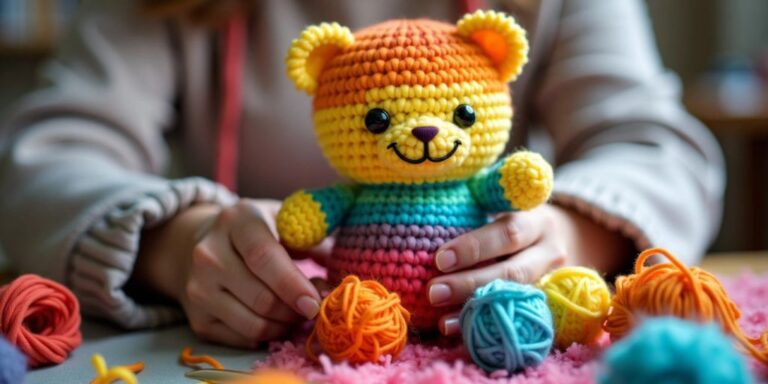 Person crocheting a colorful plushie