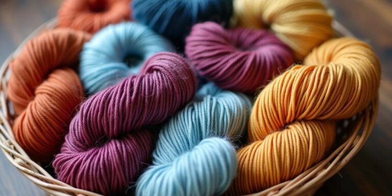 Medium 4 yarns in a basket on a table.