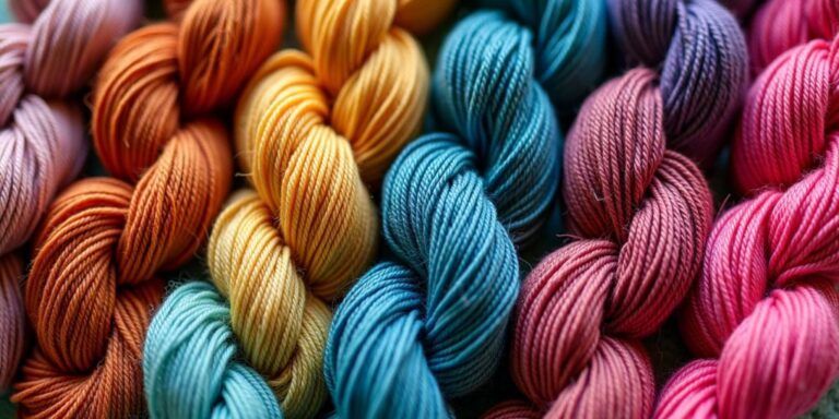 Colorful yarn skeins in various textures