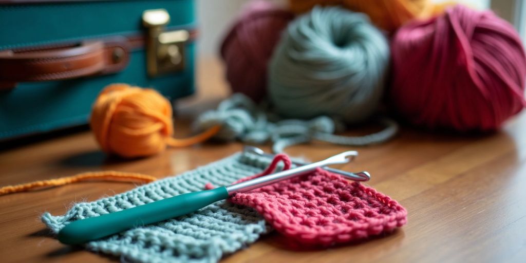 Crochet hooks and yarn near a suitcase.