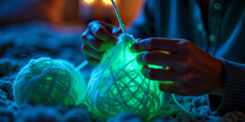 Hands knitting with glowing yarn