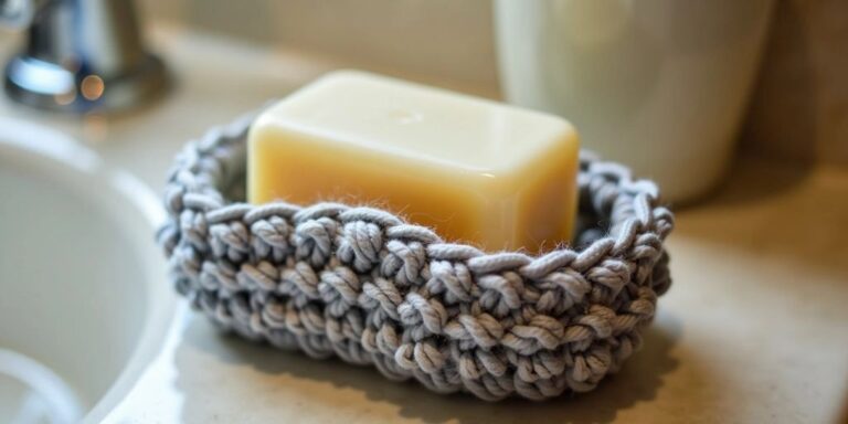 Crochet soap saver with soap on bathroom counter.