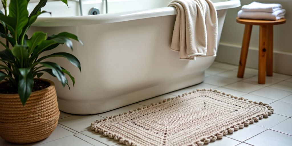 Handmade crochet bath mat near bathtub.