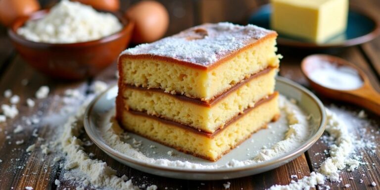 Layered cake with baking ingredients