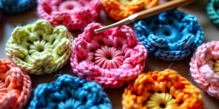 Crochet flowers being joined with a hook