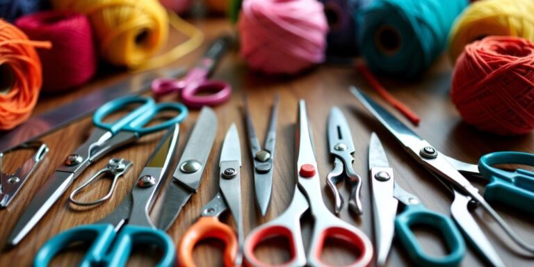 Scissors and yarn balls on a wooden table.