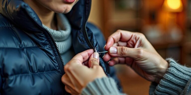 Person stitching a puffer jacket tear indoors.