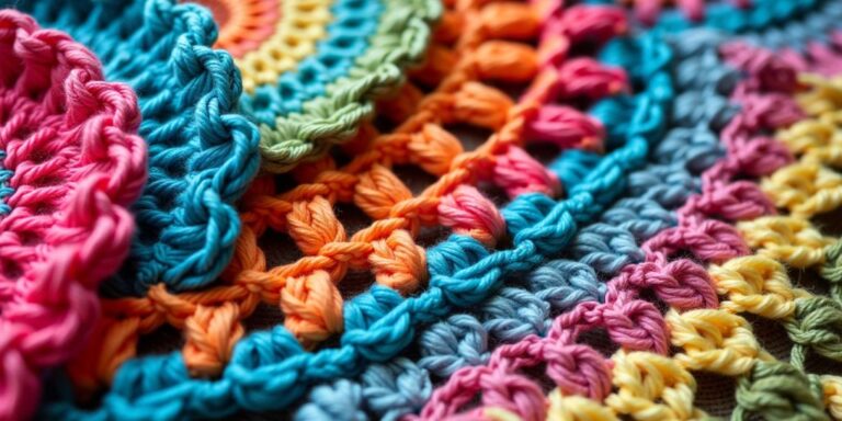 Colorful freeform crochet patterns with various stitches.