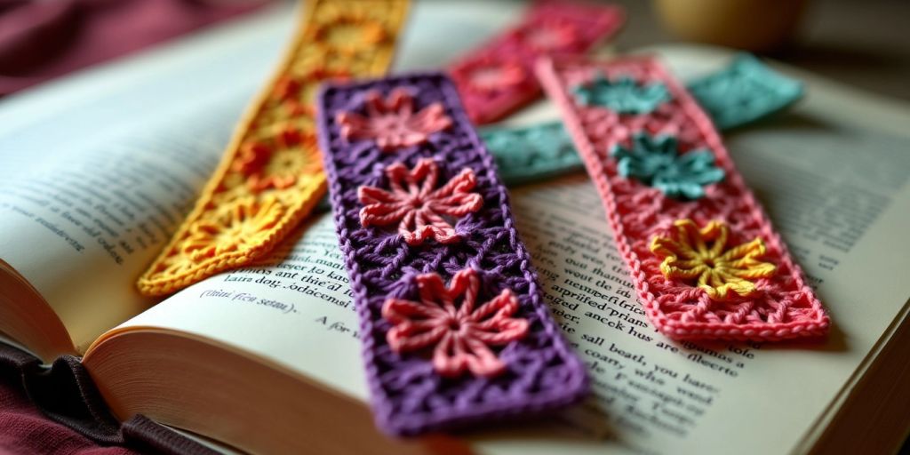 Colorful crochet bookmarks on an open book.