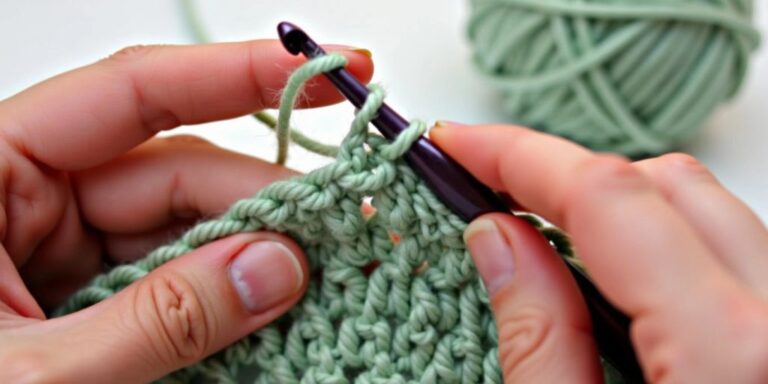 Hands crocheting with yarn and hook