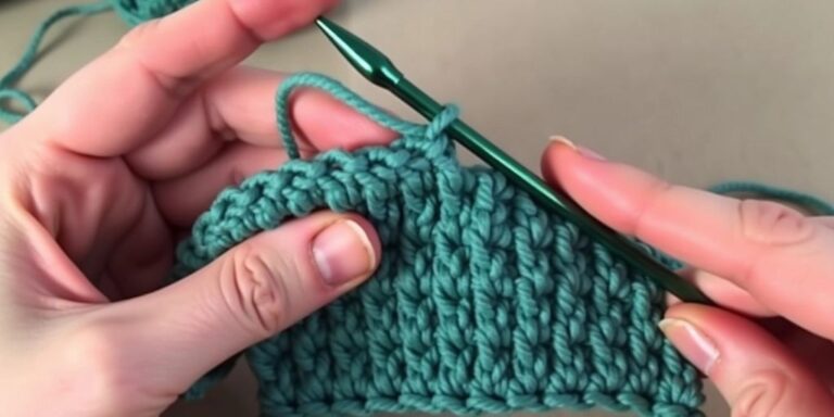 Hands crocheting with neat rows of stitches.