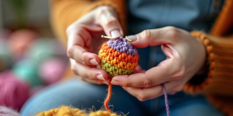 Hands crocheting a colorful ball