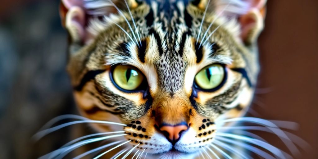 Tabby cat face with green eyes