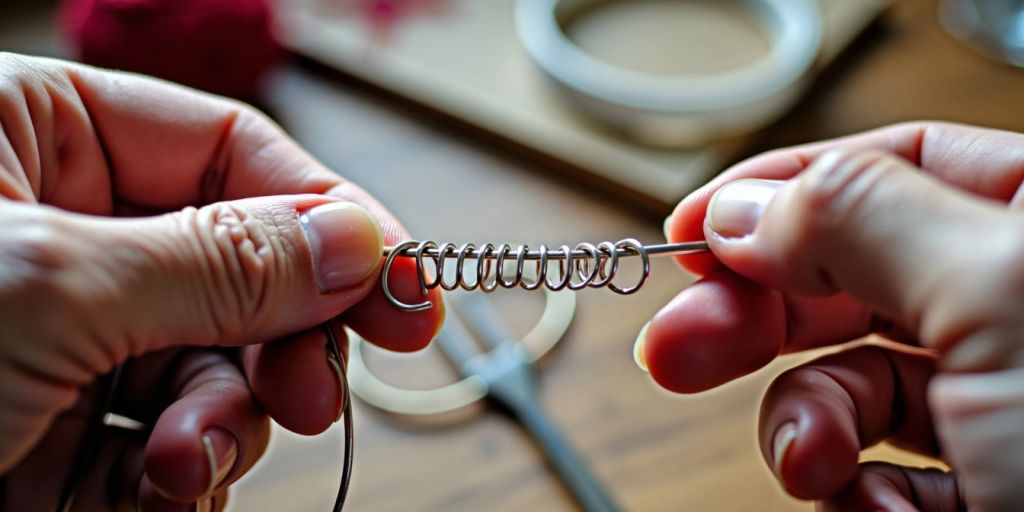 Hands crocheting with metal wire on a table.