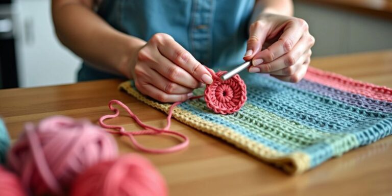 Person crocheting a colorful kitchen towel