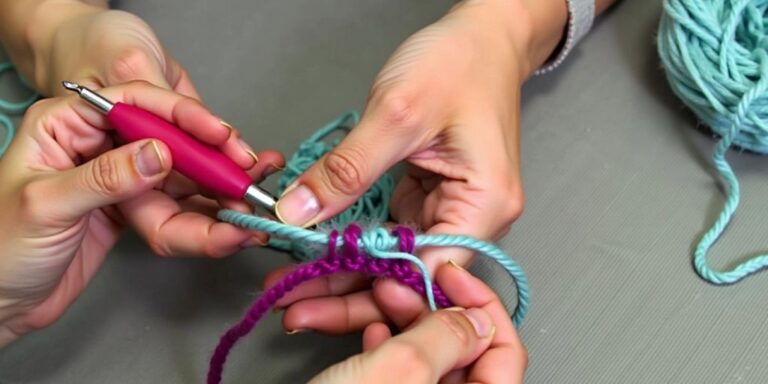Person using loom and crochet hook with colorful yarn