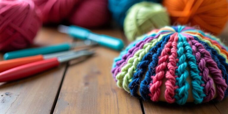 Colorful crocheted yarmulke with crochet tools