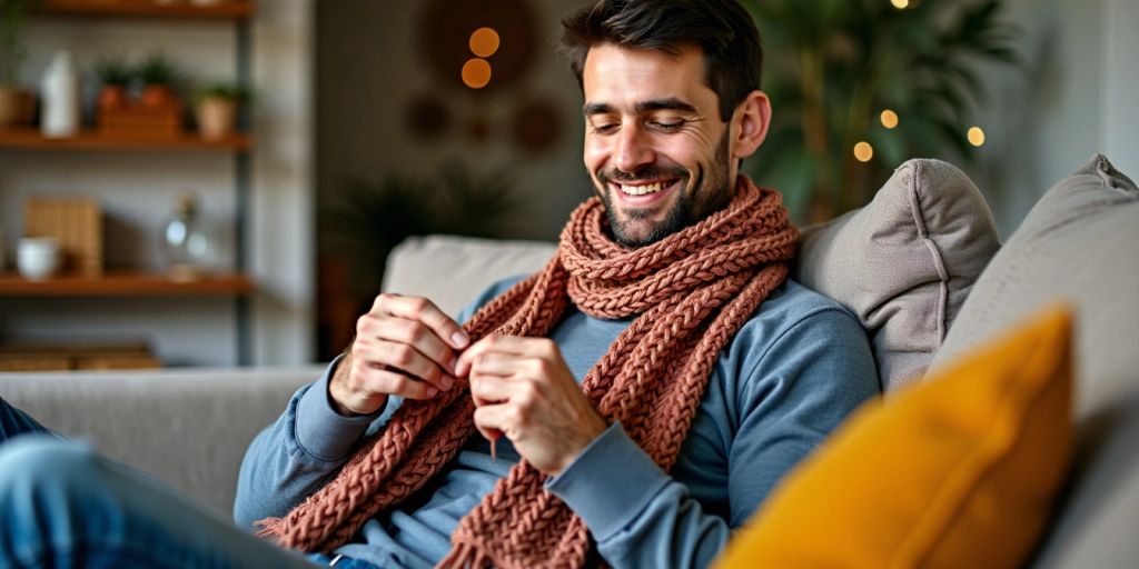 Man crocheting a colorful scarf on a couch.