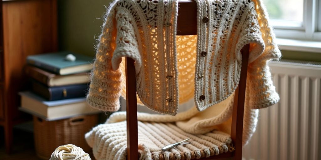 Handmade cardigan with crochet hook and yarn