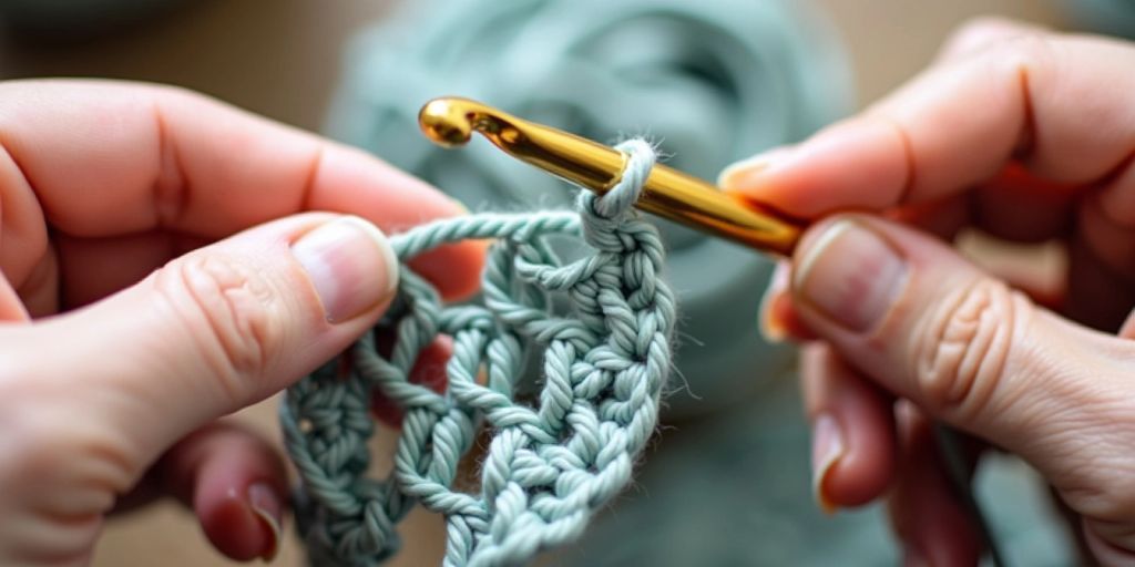 Hands holding crochet hook and yarn.